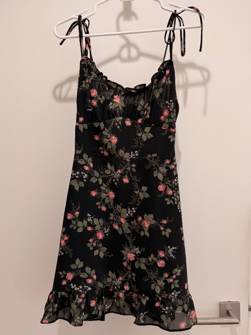 Black Floral Mini Dress with Tie Straps-Small